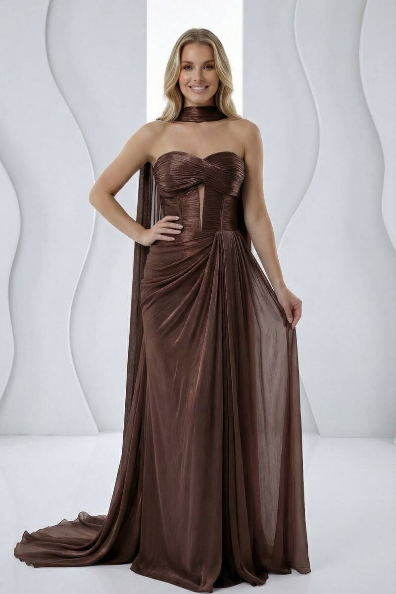 Kahve Straplez Drapeli Parlak Kumaş İthal Abiye Elbise 31 - 1