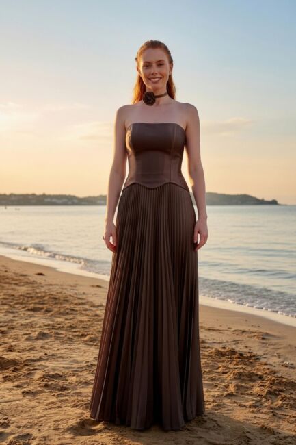 Kahve Straplez Eteği Plise Biritli Abiye Elbise 70 - MAXRA GOVANA