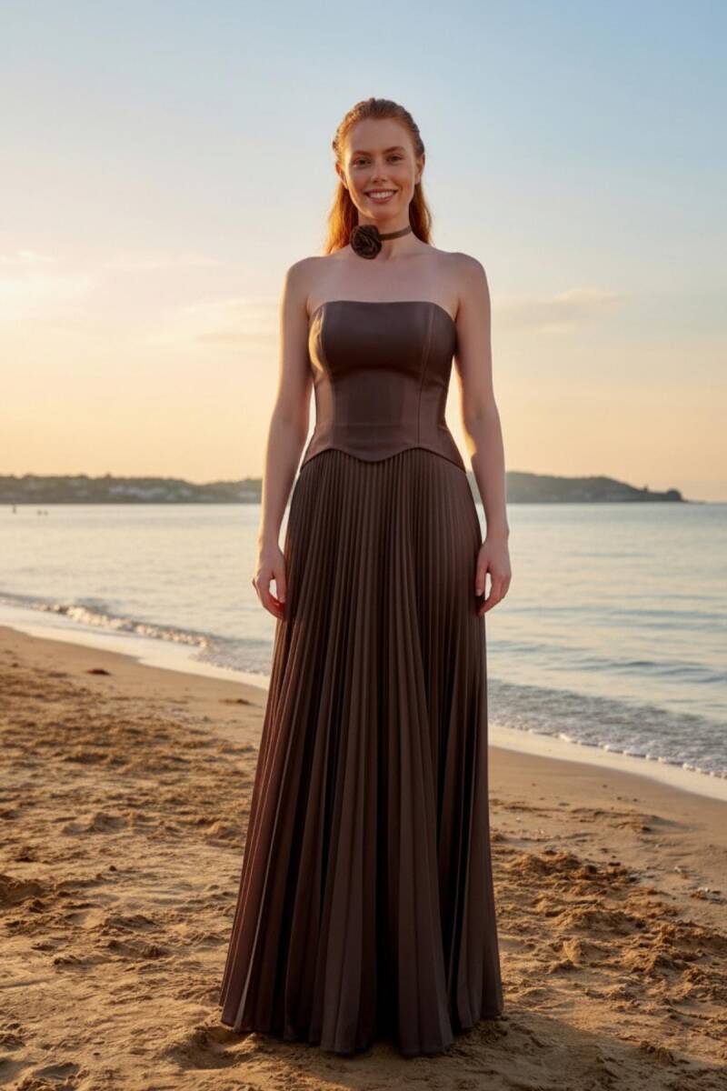 Kahve Straplez Eteği Plise Biritli Abiye Elbise 70 - 1