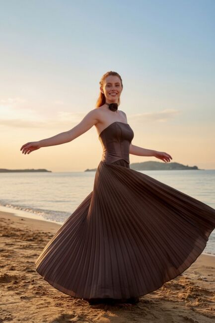 Kahve Straplez Eteği Plise Biritli Abiye Elbise 70 - 3