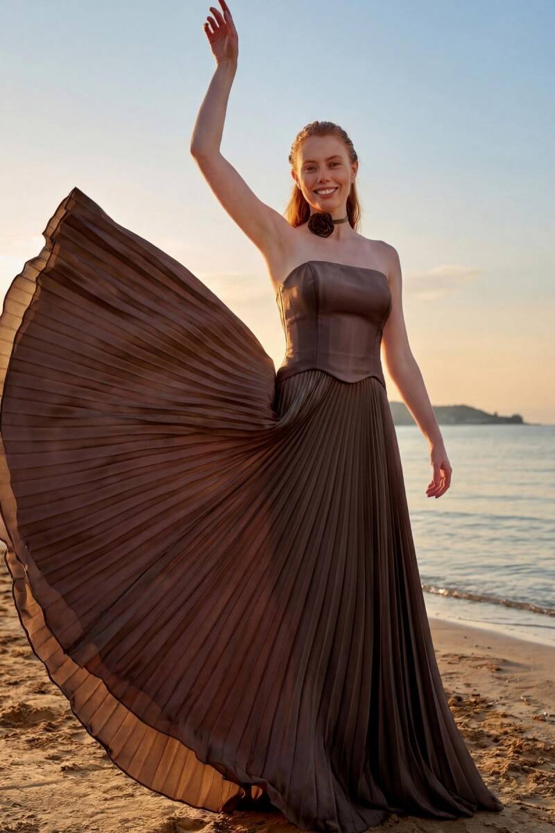 Kahve Straplez Eteği Plise Biritli Abiye Elbise 70 - 4