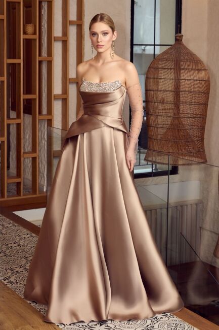 Kahve Straplez Göğsü Taşlı Eldivenli Kloş Abiye Elbise 34 - ÖMÜR İNN