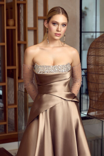 Kahve Straplez Göğsü Taşlı Eldivenli Kloş Abiye Elbise 34 - 2