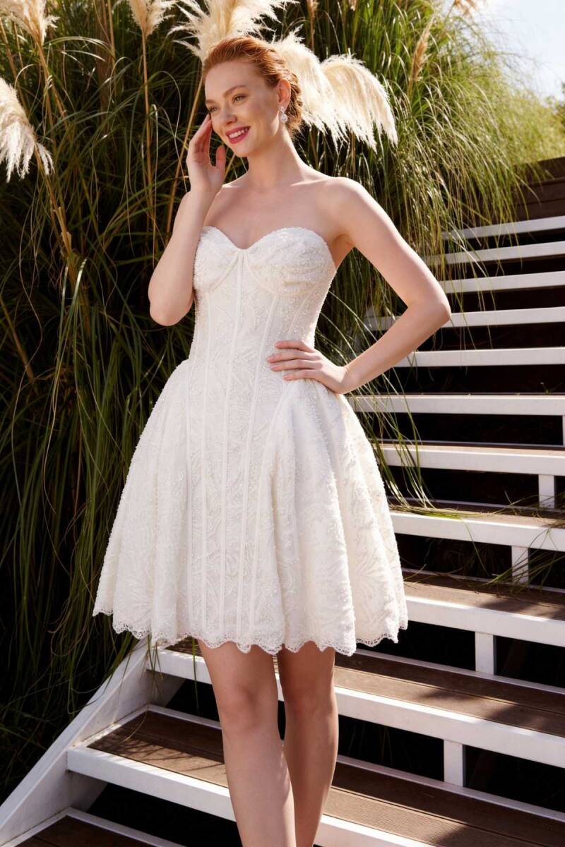 Kemik Balenli Yandan Kabartmalı Kısa Abiye Elbise 51 - 2