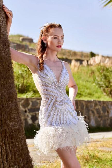 Kemik Ön Arka V Eteği Otrişli Taş ve Payetli Kısa Abiye Elbise 09 - SERABELLA