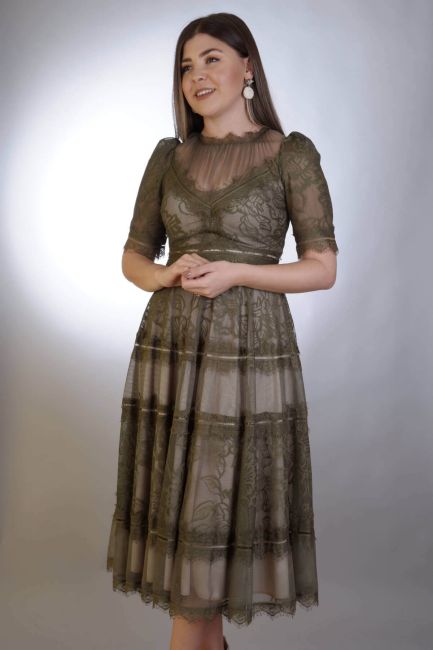 Khaki Half Arm Lace Midi Dress - 1