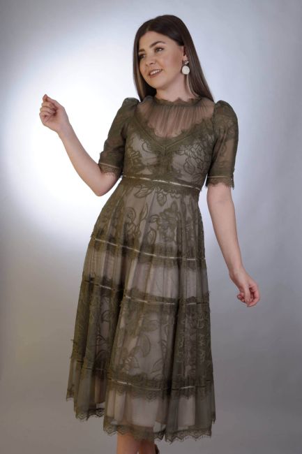 Khaki Half Arm Lace Midi Dress - 2
