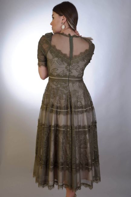 Khaki Half Arm Lace Midi Dress - 3