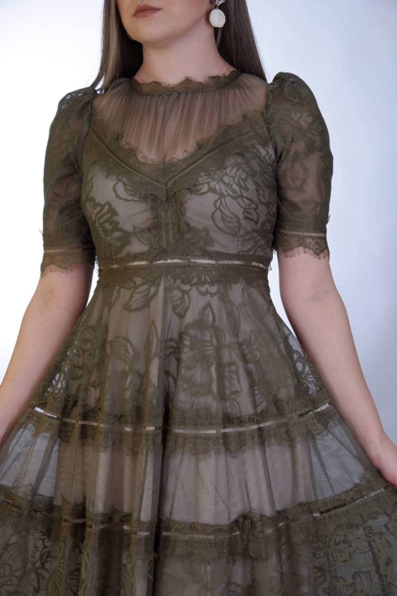 Khaki Half Arm Lace Midi Dress - 4