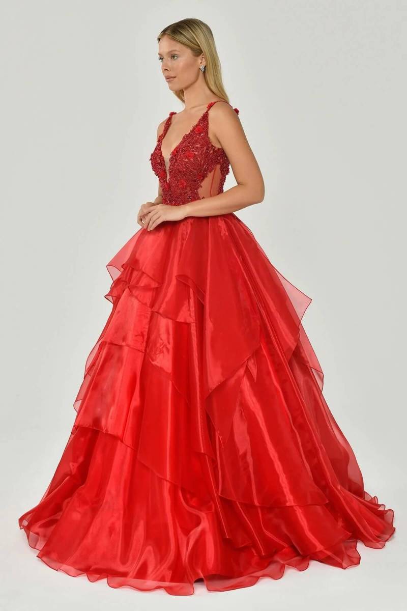 Kırmızı Derin V Sırt Dekolteli İşlemeli Prenses Abiye Elbise 41