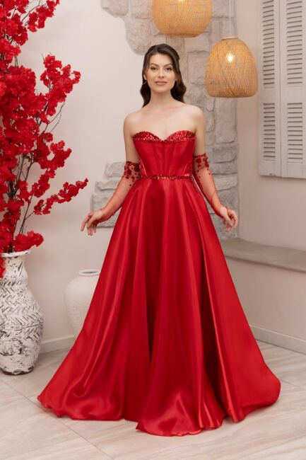 Kırmızı Gepiyerli Bedeni Payetli Organze Abiye Elbise 96 - ÖMÜR İNN