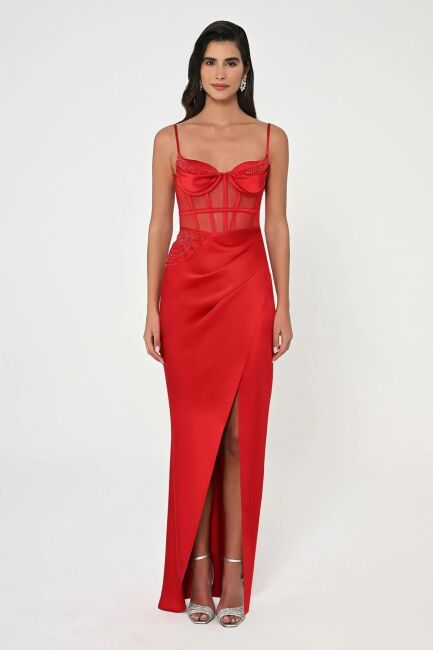 Red Rope Strap Underwire Beaded Slit Satin Evening Dress 61 - ALFABETA