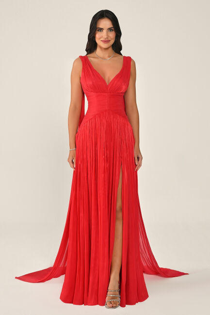 Kırmızı Kalın Askı Drapeli Şifon Abiye Elbise 46 - ALFABETA