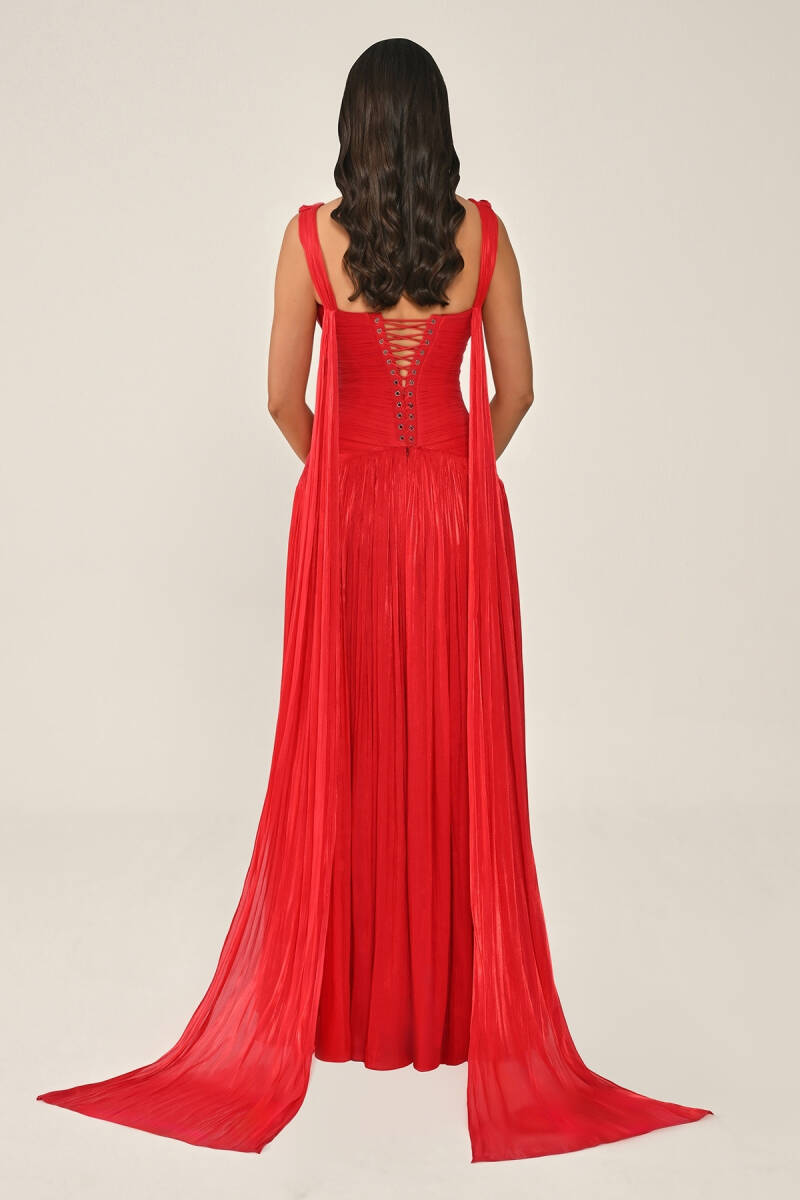 Kırmızı Kalın Askı Drapeli Şifon Abiye Elbise 46 - 4