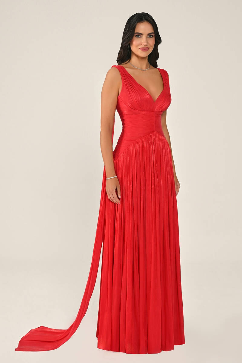 Kırmızı Kalın Askı Drapeli Şifon Abiye Elbise 46 - 3