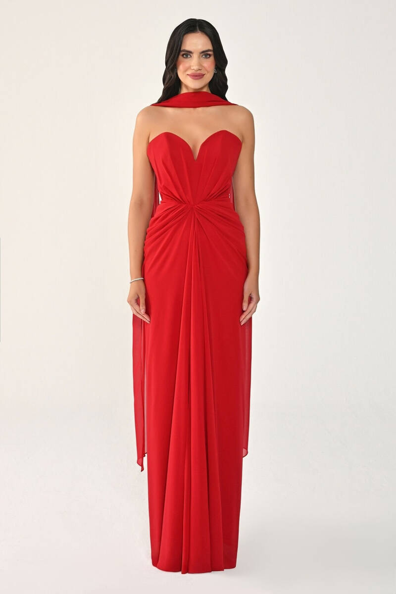 Kırmızı Kalp Yaka Drapeli Yırtmaçlı Şifon Abiye Elbise 07 - 1