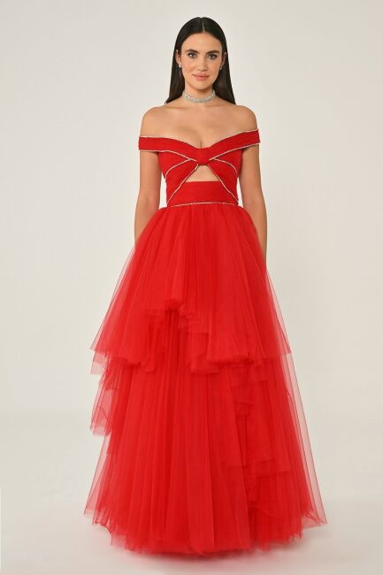 Kırmızı Kayık Yaka Drapeli Şerit Taşlı Tül Abiye Elbise 73 - ALFABETA