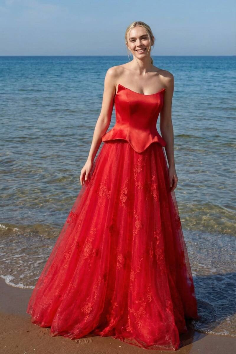 Kırmızı Kırmızı Gepiyerli Dantel Etek İthal Abiye Elbise 29 - 1