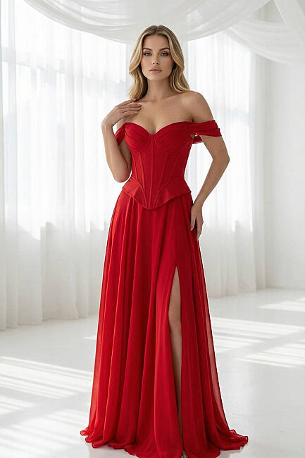 Kırmızı Korsajlı Düşük Kol Kloş Yırtmaçlı Abiye Elbise 65 - DRESSİNG ROOM