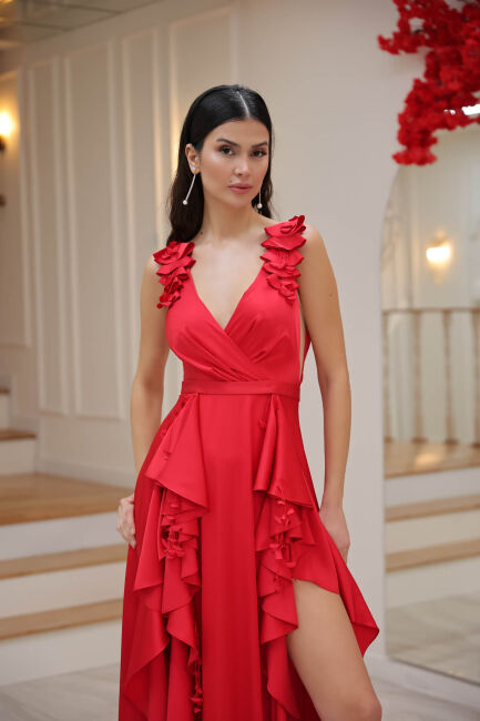 Kırmızı Ön Arka V Lazer Çiçekli Volanlı Çift Yırtmaç Elbise 41 - 2
