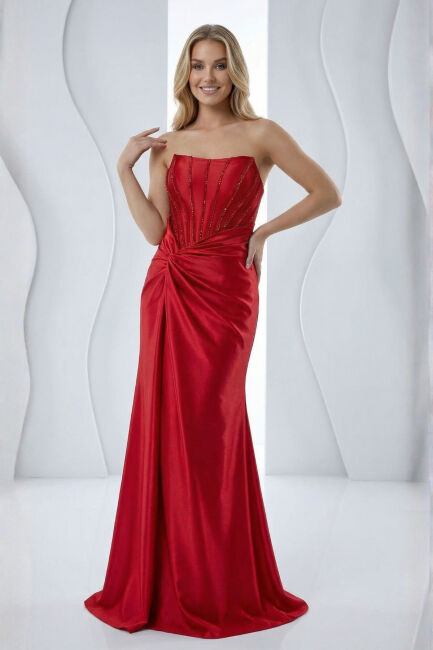 Kırmızı Sivri Yaka Koşajı Taşlı Biritli Saten Abiye Elbise 63 - MAXRA GOVANA