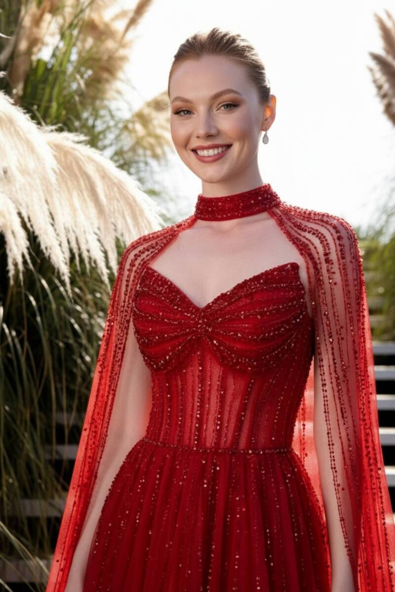 Kırmızı Sivri Yaka Pelerinli Kloş Taşlı İthal Abiye Elbise 78 - 4