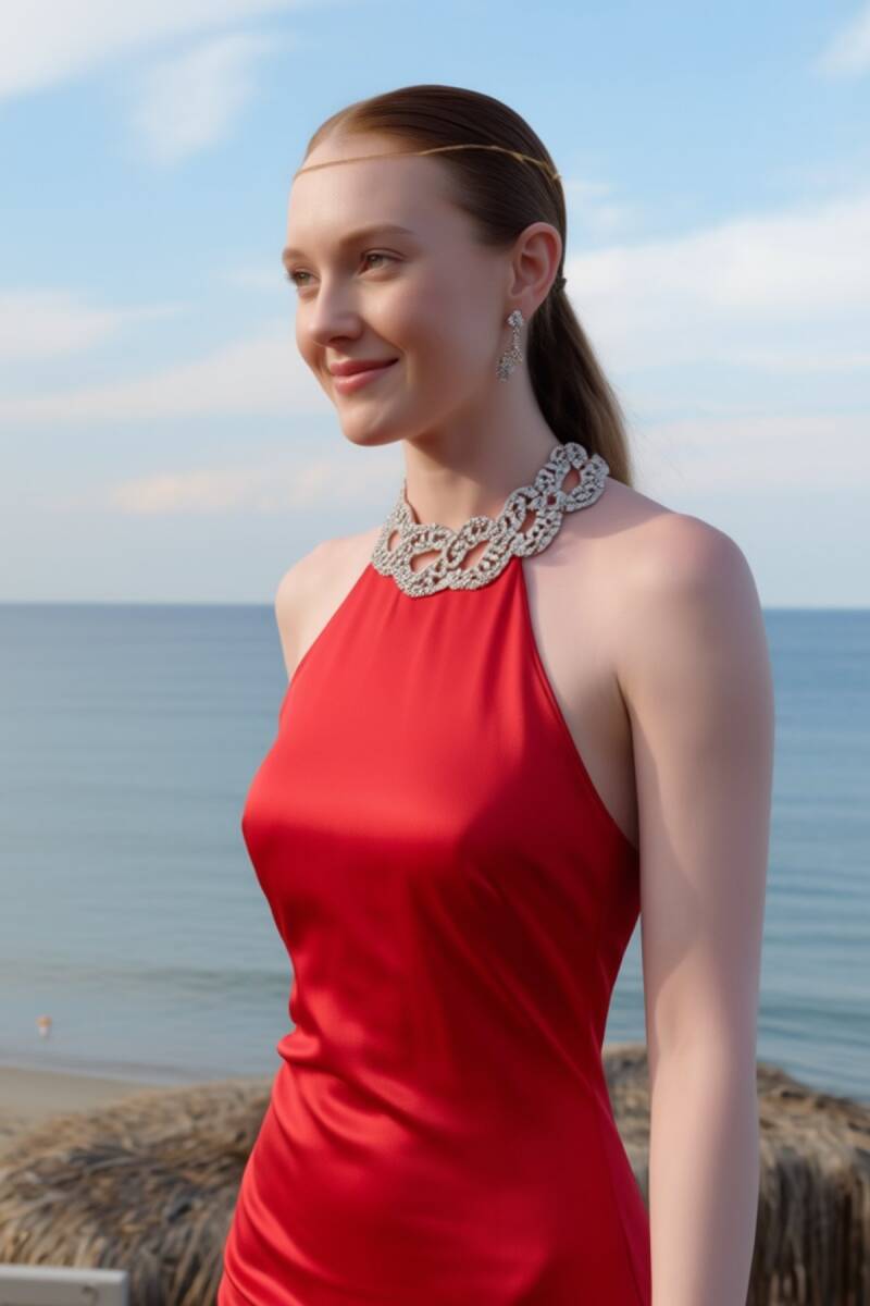 Kırmızı Stafanel Yaka Boynu Taşlı Sırt Dekolteli Saten Abiye Elbise 25 - 2