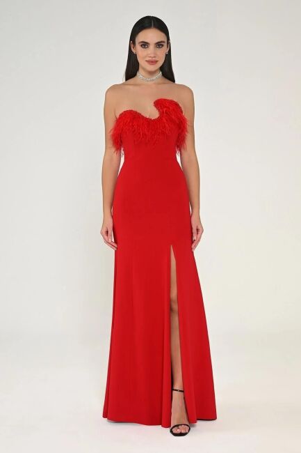 Red Strapless Asymmetrical Collar and Slit Evening Dress 97 - ALFABETA