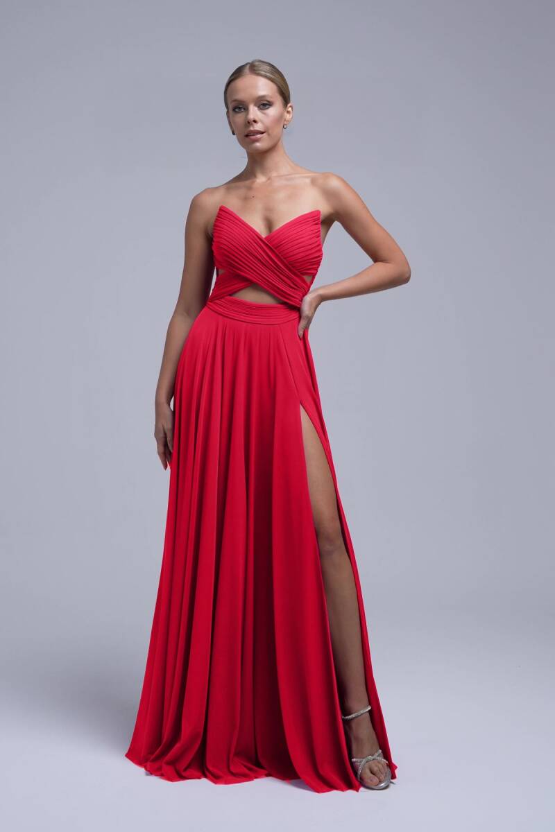 Kırmızı Straplez Bel Dekolteli Drapeli Abiye Elbise 59 - 2