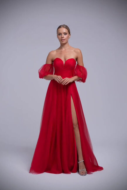 Kırmızı Straplez Göğsü Drapeli Balon Kol Yırtmaçlı Abiye Elbise 97 - Şeref Vural