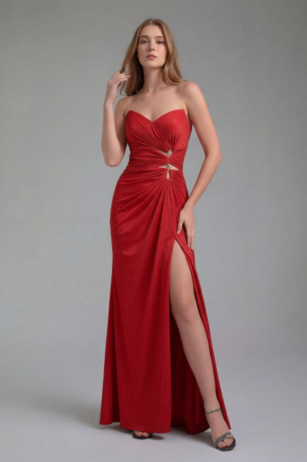 Kırmızı Straplez Göğsü Drapeli Simli Yırtmaçlı Abiye Elbise 09 - ŞEREF VURAL