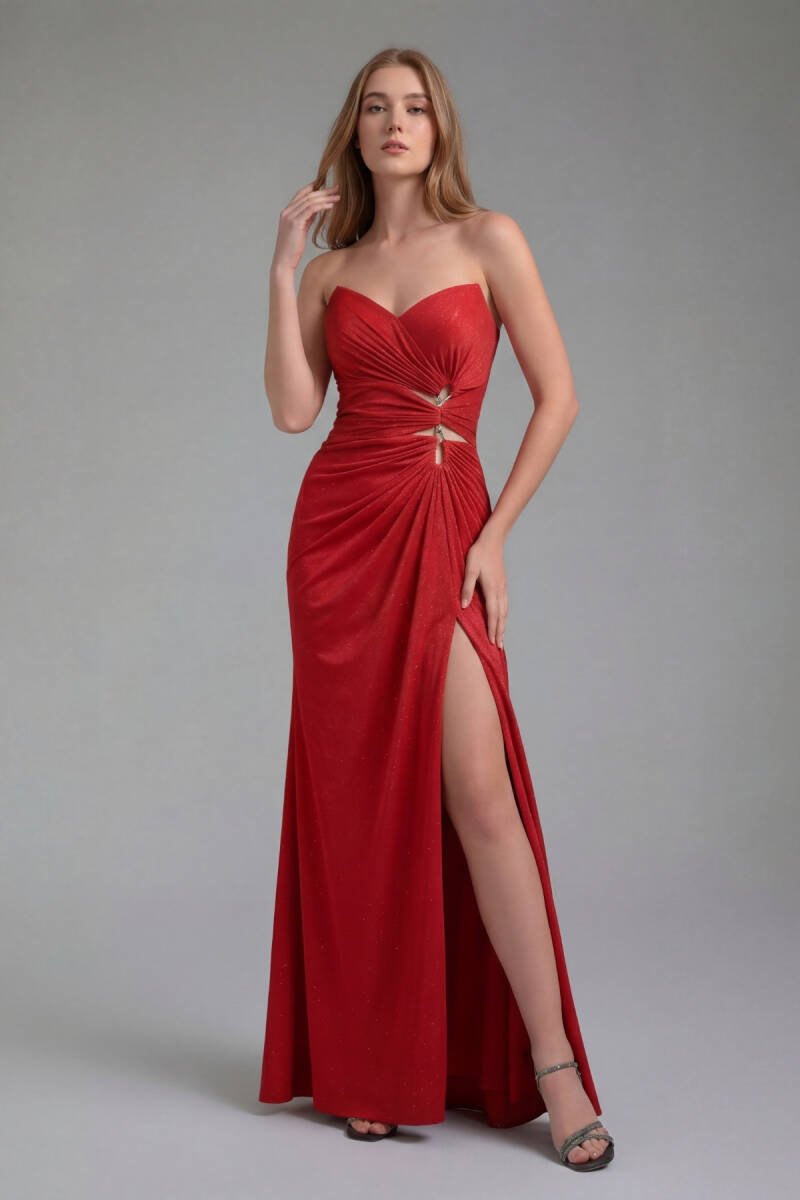 Kırmızı Straplez Göğsü Drapeli Simli Yırtmaçlı Abiye Elbise 09 - 1