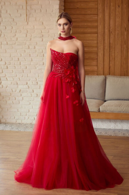Kırmızı Straplez Göğsü Payetli Yanı Güllü Prenses Abiye Elbise 94 - ÖMÜR İNN