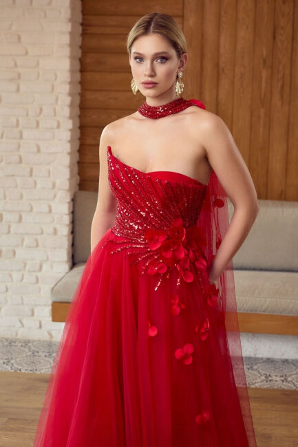 Kırmızı Straplez Göğsü Payetli Yanı Güllü Prenses Abiye Elbise 94 - 2