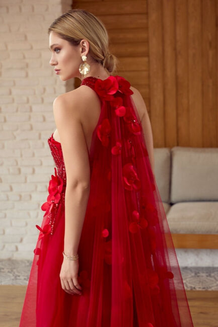 Kırmızı Straplez Göğsü Payetli Yanı Güllü Prenses Abiye Elbise 94 - 4