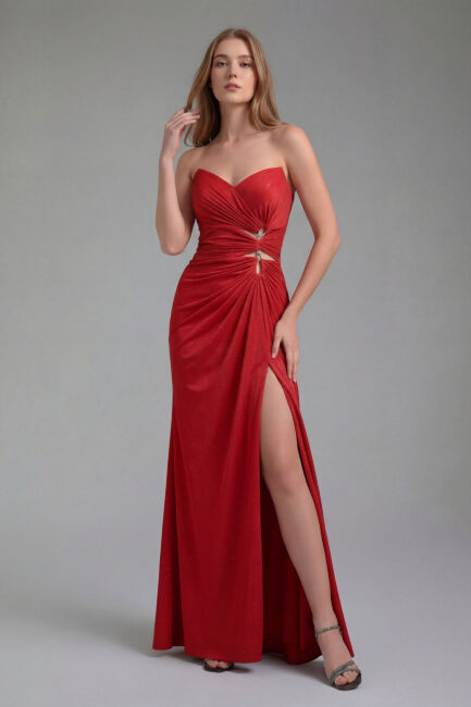 Kırmızı Straplez Göğüs Altı Şerit Taşlı Dekolte Abiye Elbise 03 - 1