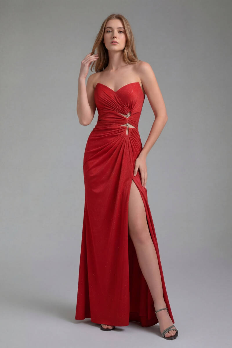 Kırmızı Straplez Göğüs Altı Şerit Taşlı Dekolte Abiye Elbise 03 - 1