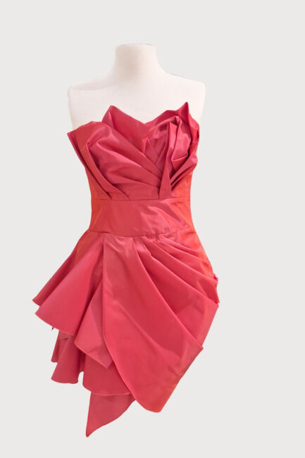 Kırmızı Straplez Kemerli Drapeli Kısa Abiye Elbise 84 - MAXRA GOVANA