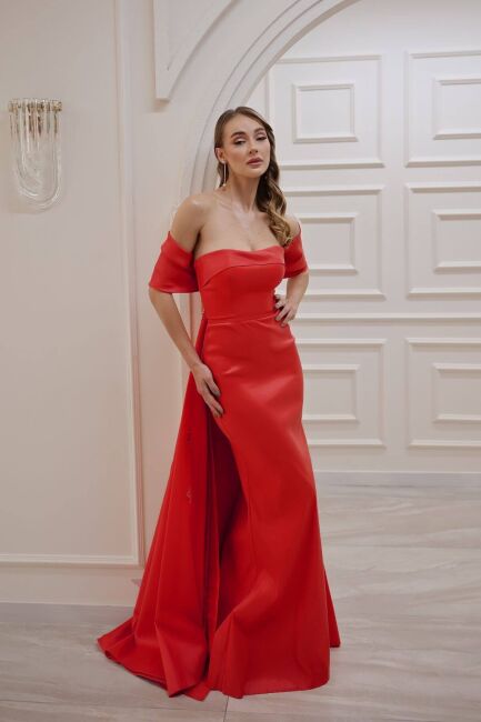 Red Strapless Taffeta Fishtail Evening Dress with Bow on the Back 44 - ÖMÜR İNN