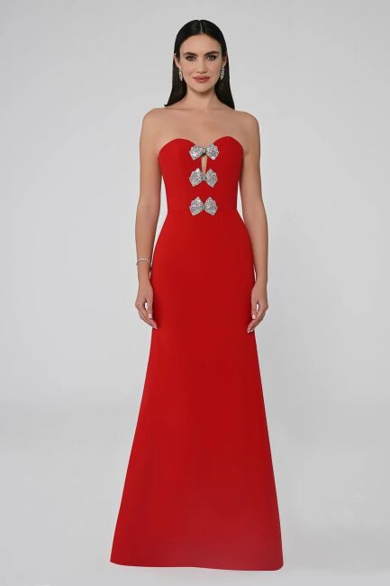 Red Strapless Stone Bow Mermaid Evening Dress 73 - ALFABETA