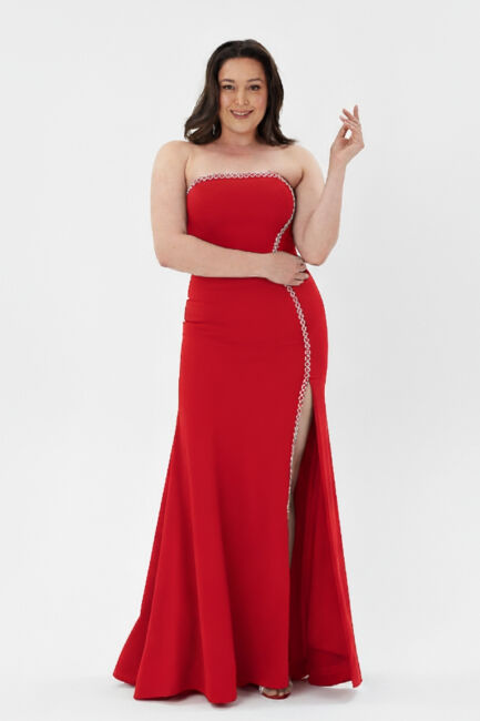Kırmızı Straplez Zincir Taşlı Derin Yırtmaçlı Abiye Elbise 57 - ŞEREF VURAL