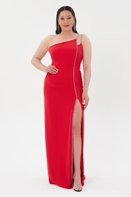Red Single Chain Strap Deep Slit Crepe Evening Dress 18 - Şeref Vural