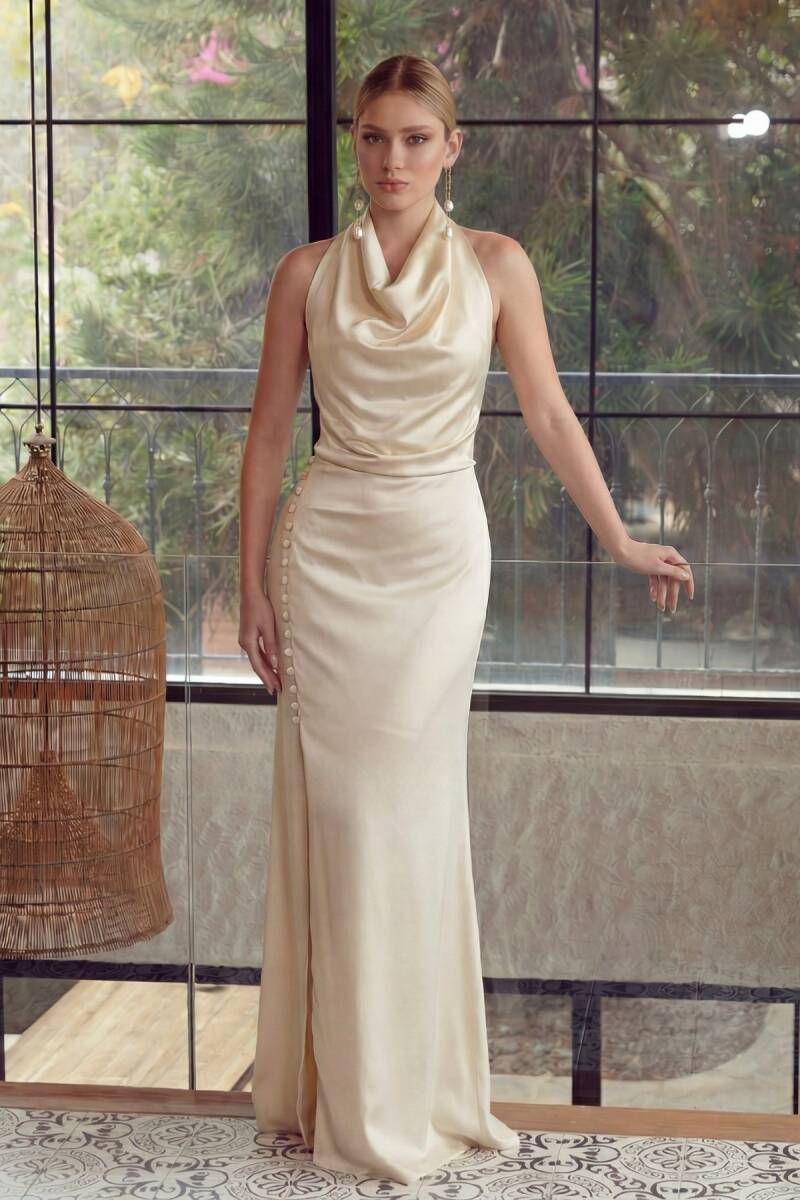 Krem Degaje Yaka Yan Kuyruklu Düğmeli Yırtmaçlı Abiye Elbise 64 - 1