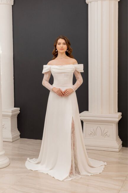 Krem Kayık Yaka Kollu Güpürlü Kloş Krep Abiye Elbise 75 - SAN FİORE