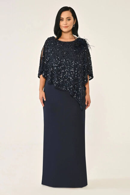 Lacivert Asimetrik Bluzan Detaylı İşlemeli Büyük Beden Abiye 95 - ALFABETA