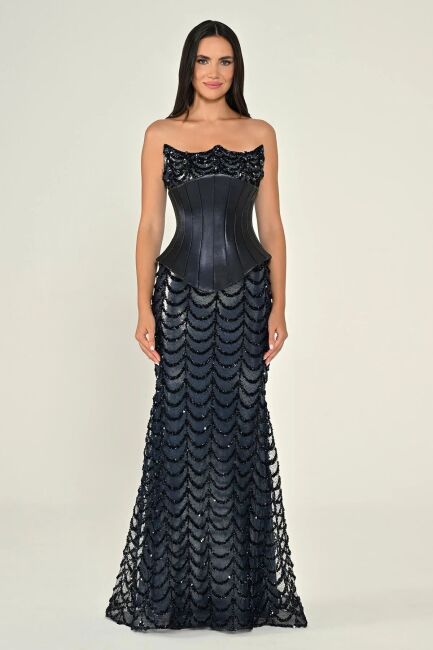 Lacivert Asimetrik Yaka Ekstra Korsajlı İşlemeli Balık Abiye Elbise 03 - ALFABETA