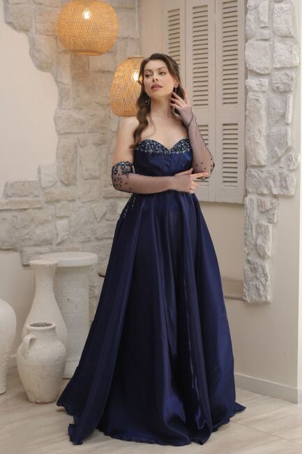 Lacivert Gepiyerli Bedeni Payetli Organze Abiye Elbise 96 - ÖMÜR İNN