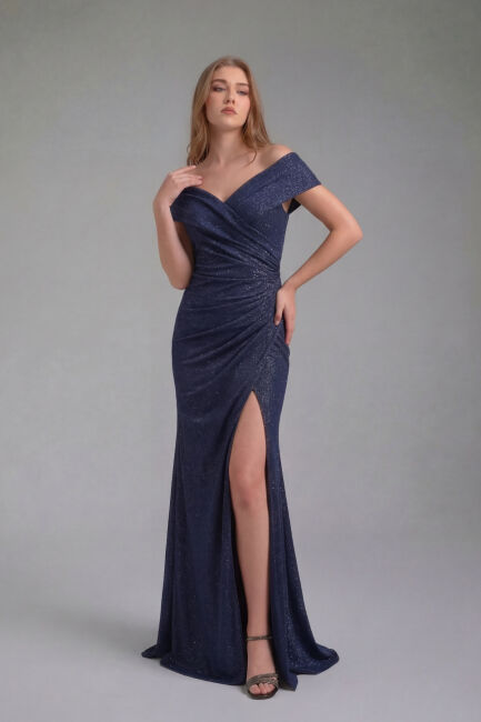 Lacivert Kruvaze Drapeli Simli Yırtmaçlı Büyük Beden Abiye Elbise 59 - ŞEREF VURAL