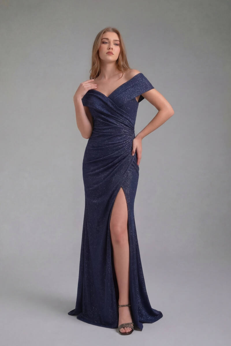 Lacivert Kruvaze Drapeli Simli Yırtmaçlı Büyük Beden Abiye Elbise 59 - 1