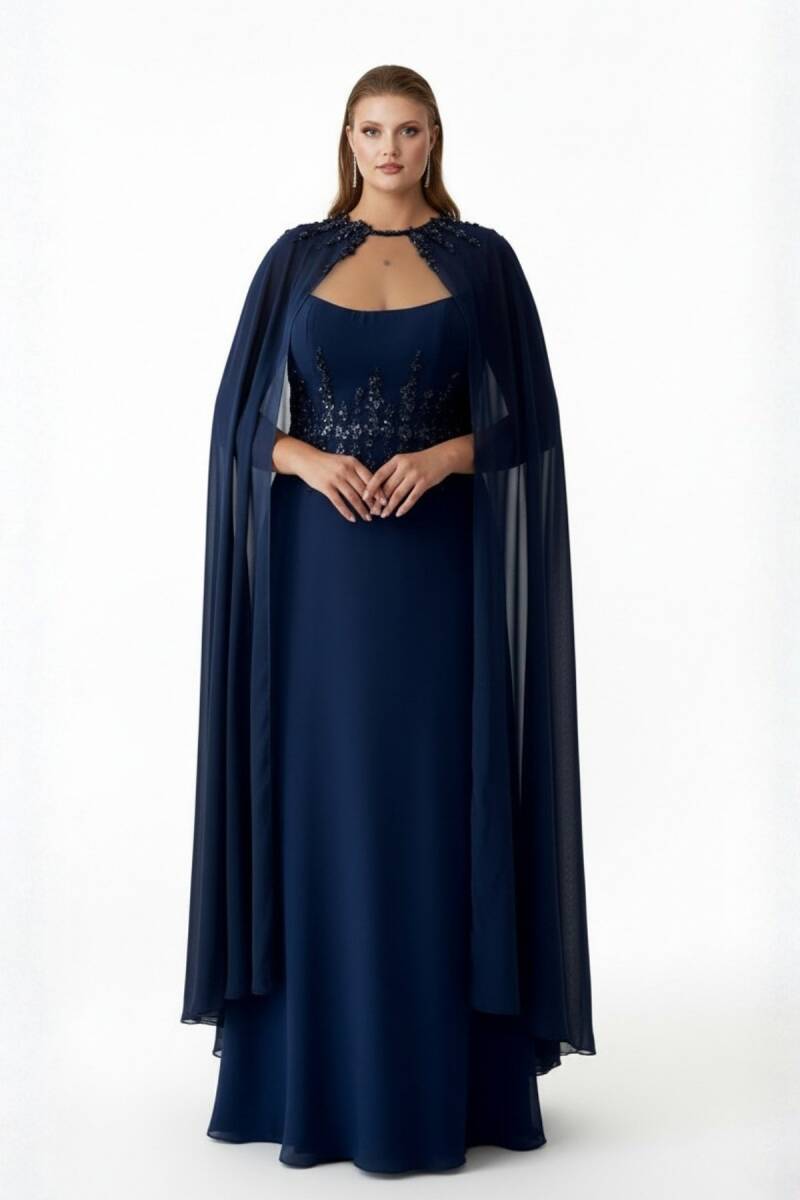 Lacivert Omuz Pelerinli Bel İşlemeli Şifon Büyük Beden Abiye Elbise 89 - 1